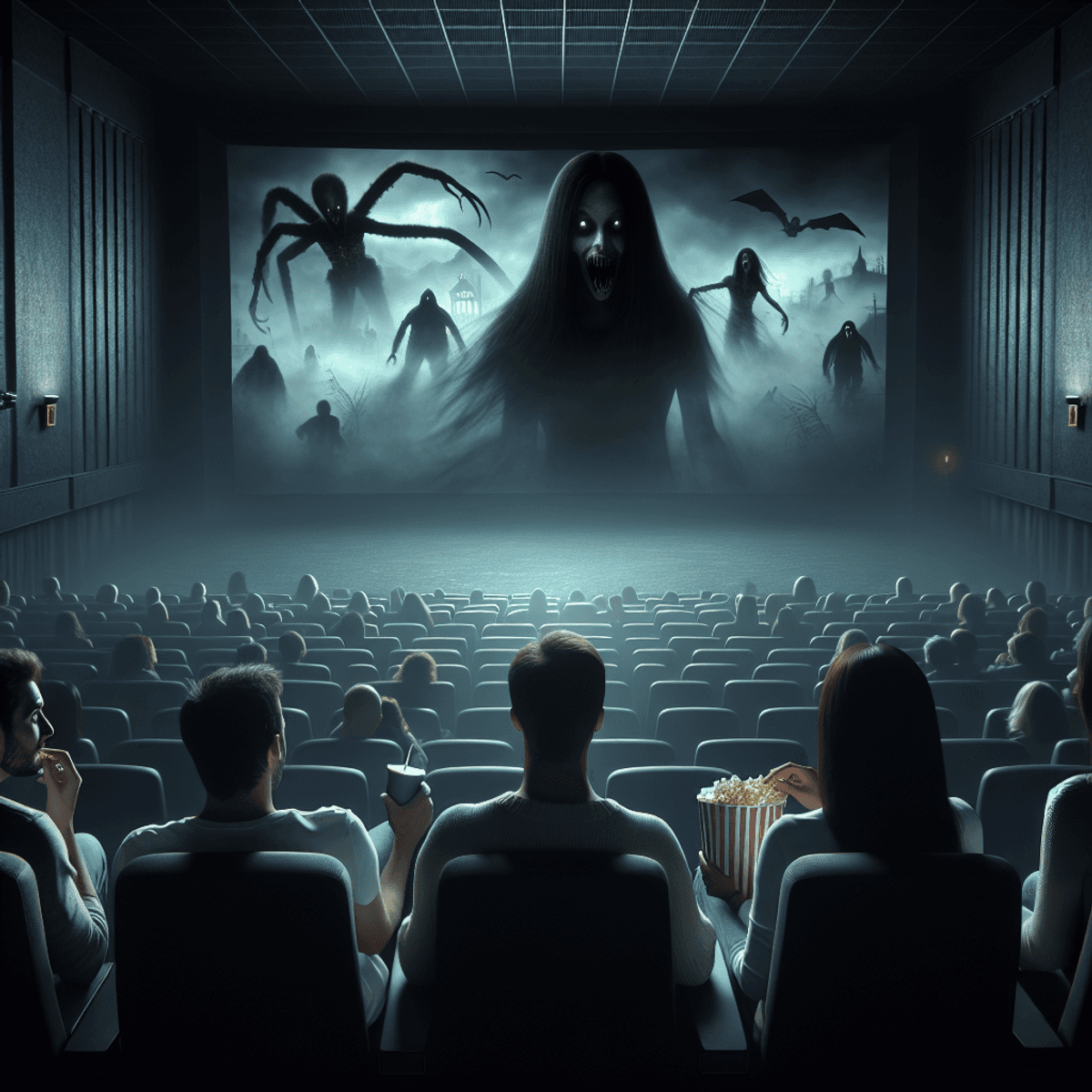 A dimly lit movie theater filled with an audience captivated by a horror film. A large screen at the front displays a chilling scene, characterized by ominous shadows and eerie light effects. In the foreground, a Caucasian man, a Hispanic woman, and an Asian individual are seen, each holding popcorn or drinks, displaying expressions of excitement and fear. The theater's ambiance is enhanced by the flickering light from the screen and the subtle glow of exit signs in the background.