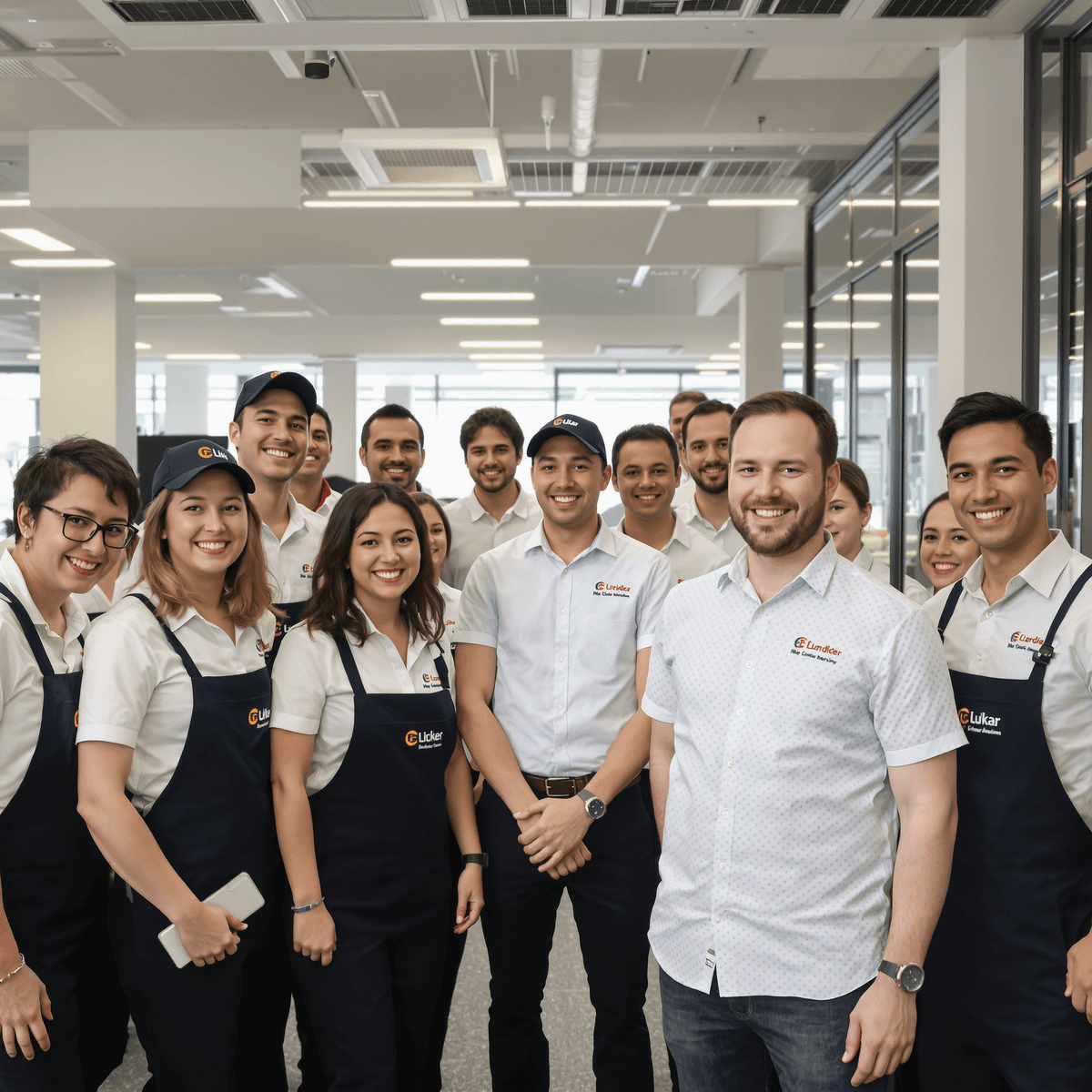 A group of smiling employees in matching branded workwear standing together in a bright modern office, showing team spirit with company logos on their uniforms.