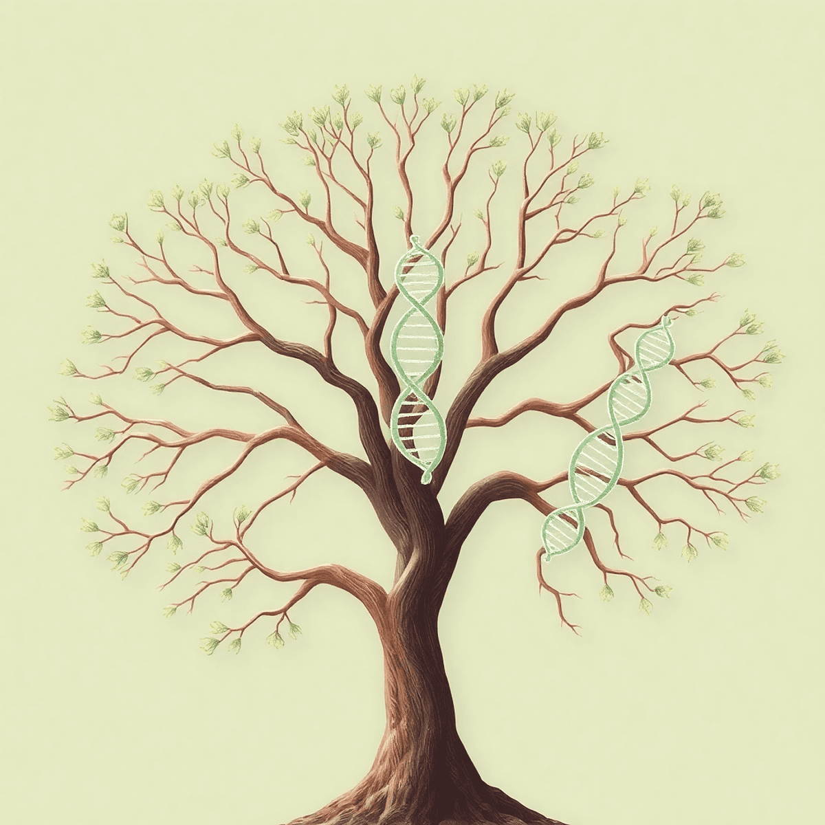 A detailed family tree with branches extending outward, intertwined with DNA strands, set against a soft, inviting background symbolizing ancestry and heritage.