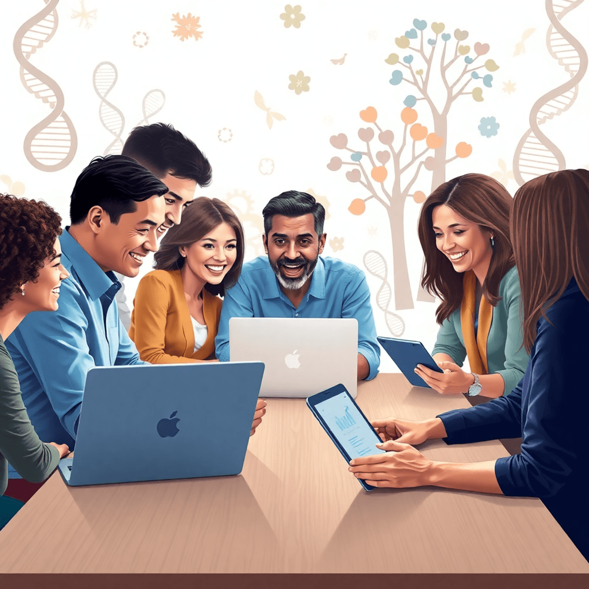 A diverse group of people gathered around a table, excitedly discussing genetic data on laptops and tablets, with DNA helixes and family trees in the background.