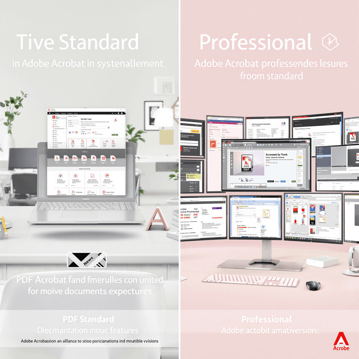 A split-screen image comparing Adobe Acrobat Standard and Professional versions. One side shows a simple office with a laptop, the other a modern workspace with multiple screens and advanced tools.