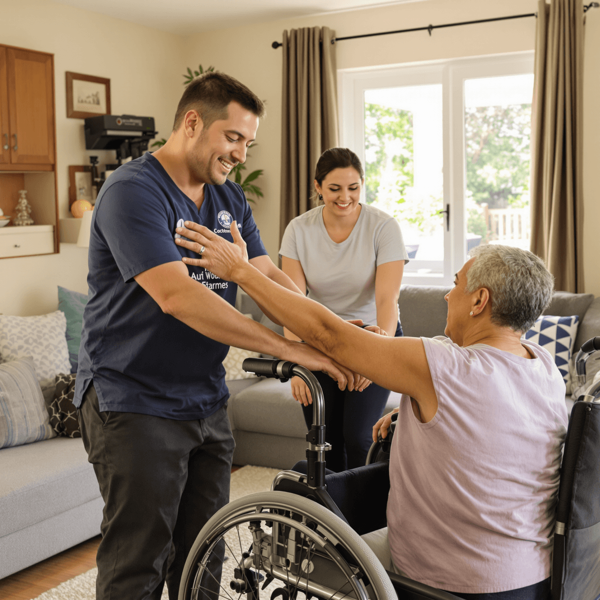 Un fisioterapeuta guiando a una persona con discapacidad a través de ejercicios de estiramiento en una sala de estar luminosa y accesible, con un cuidador de apoyo cerca.