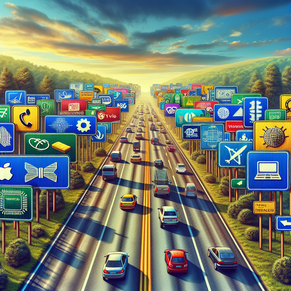 A multi-lane highway with diverse signs representing website categories.