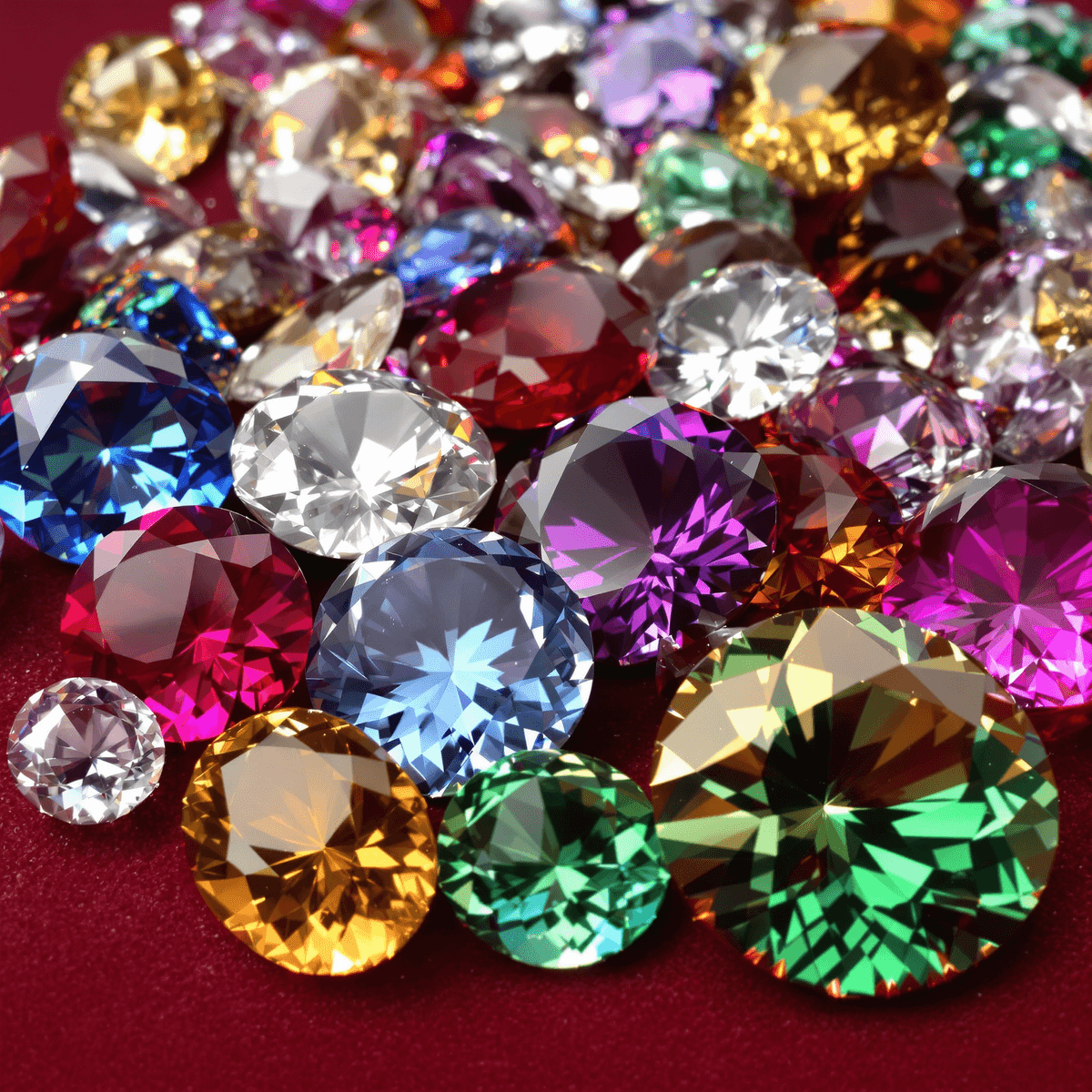 Close-up of colorful gemstones including diamonds, rubies, sapphires, amethyst, garnet, and citrine arranged on velvet, showcasing their brilliance and beauty.