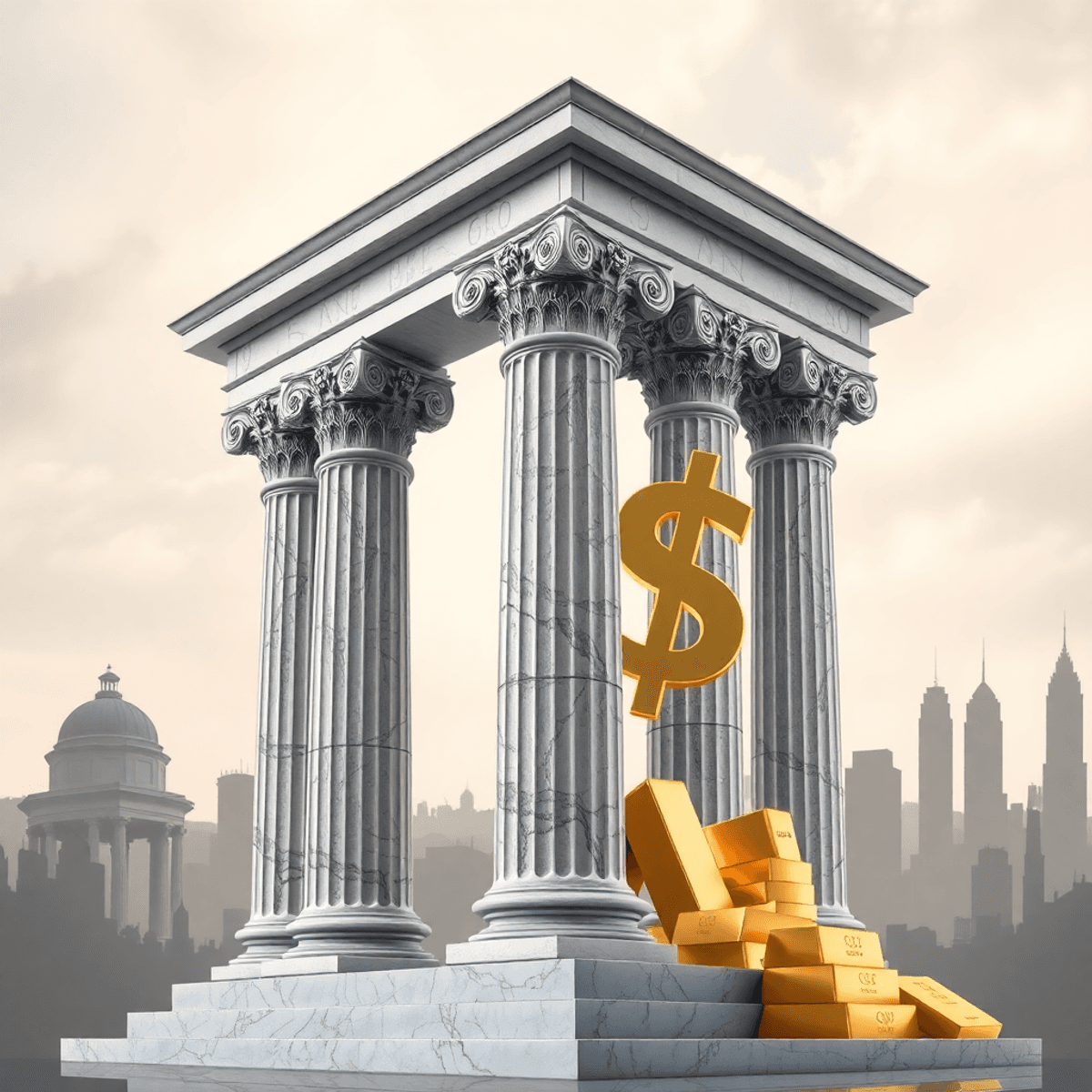 A marble column entwined with gold bars and financial symbols against a background blending classical archi...