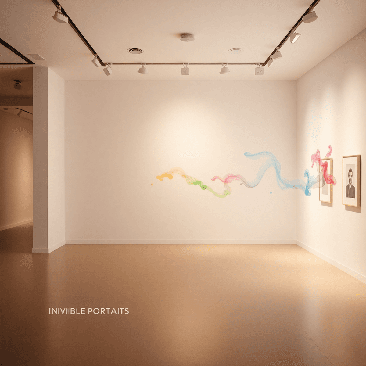 Minimalist art gallery with soft light and colorful, abstract scent trails floating in the air, highlighting scent as an intangible art form.