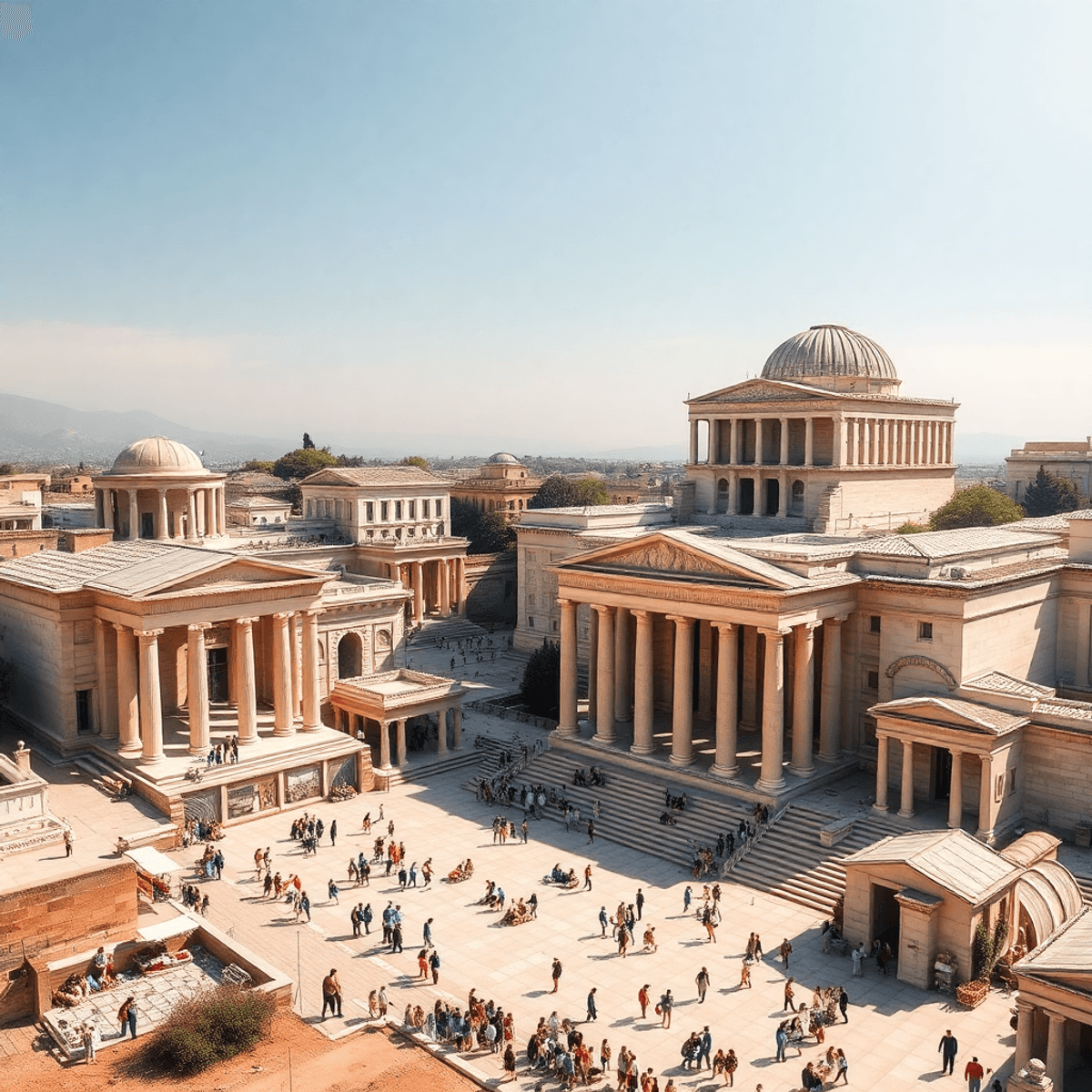 Sunlit ancient Greek cityscape with grand marble temples, busy agoras, and imposing council chambers showcasing classical architecture.