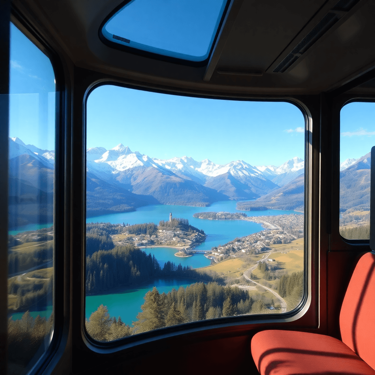 View from a Swiss train carriage window showing snow-capped Alps, turquoise lakes, and villages under soft ...