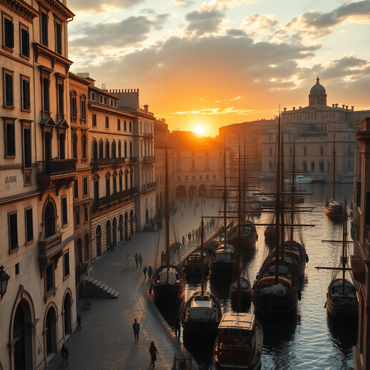 Sunset over a medieval Mediterranean harbor with stone palazzos, cobblestone streets, and merchant ships do...