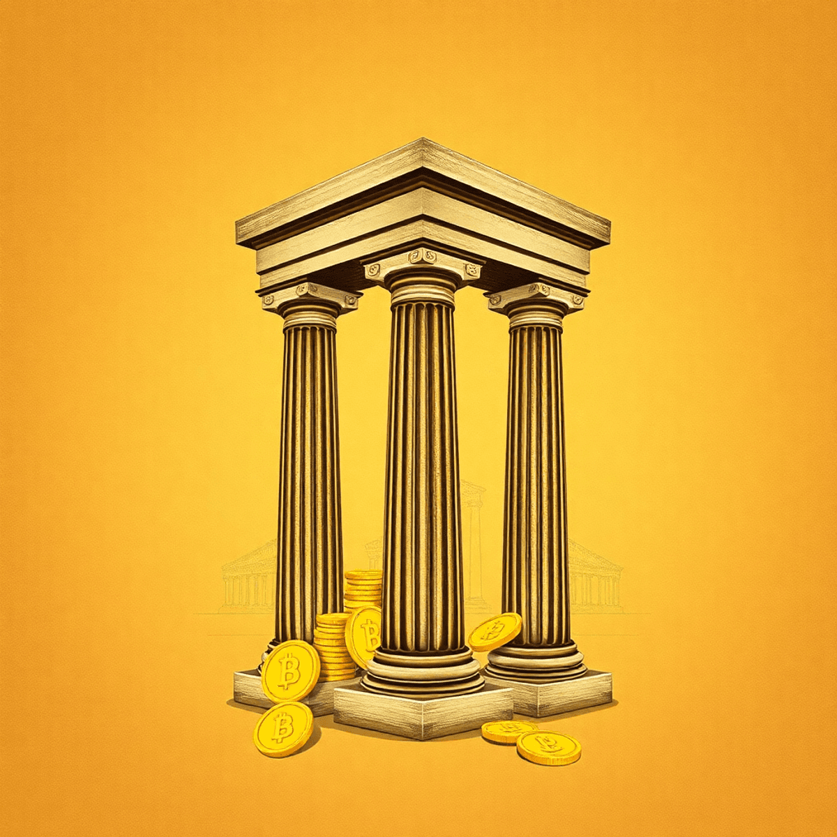 A classical Greek column entwined with golden coins and faint blueprints on a warm, textured background sym...