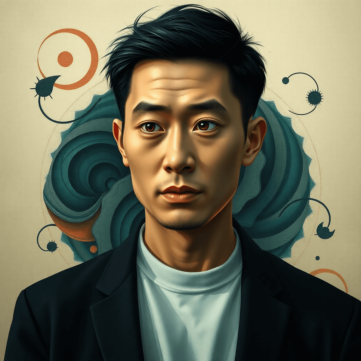 A thoughtful man surrounded by abstract swirling shapes and layered geometric patterns on a subtle gradient...