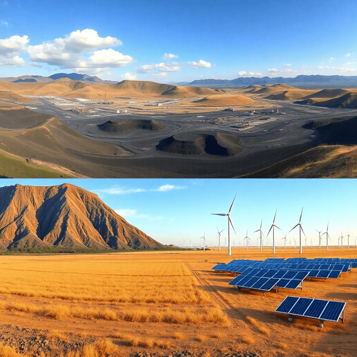 Panoramic view of coal mining facilities on one side and wind turbines with solar panels on the other, illu...