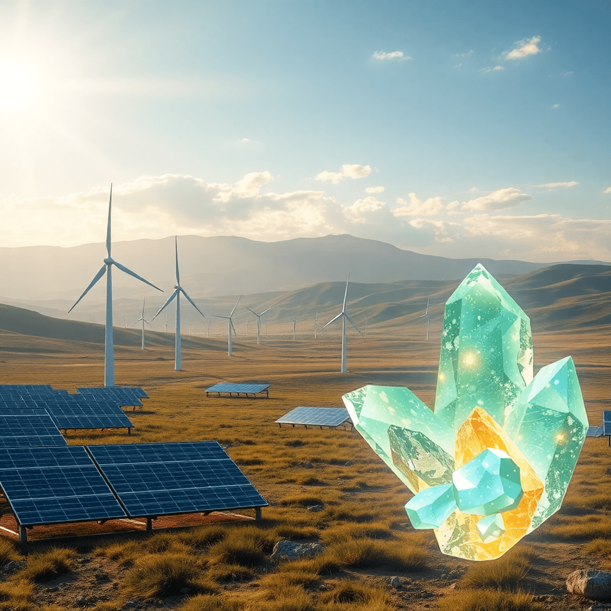 Futuristic landscape with wind turbines, solar panels, and glowing abstract crystals under a bright sky sym...