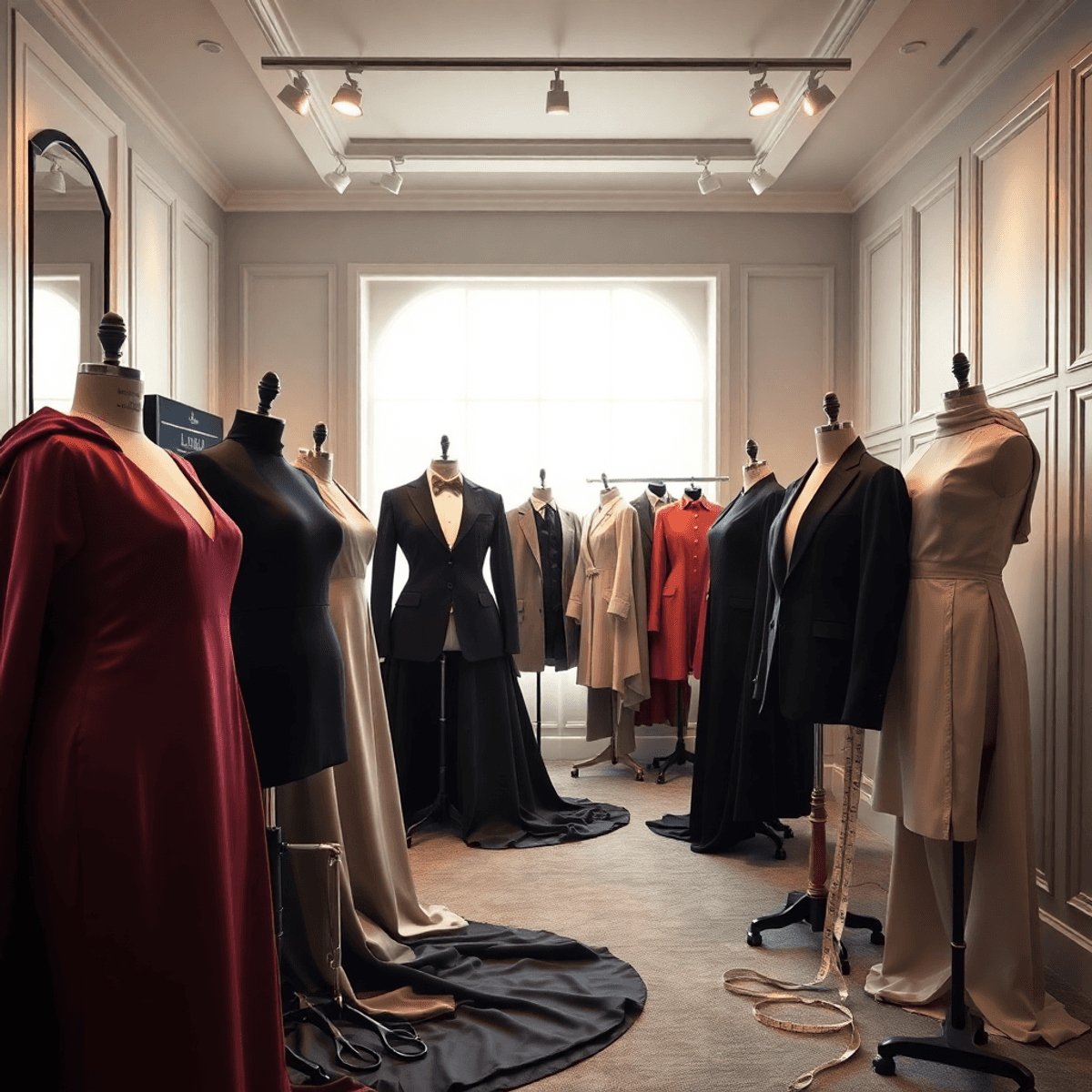 Luxurious atelier with silk and velvet fabrics on mannequins, fine tailoring tools, in a softly lit, elegan...