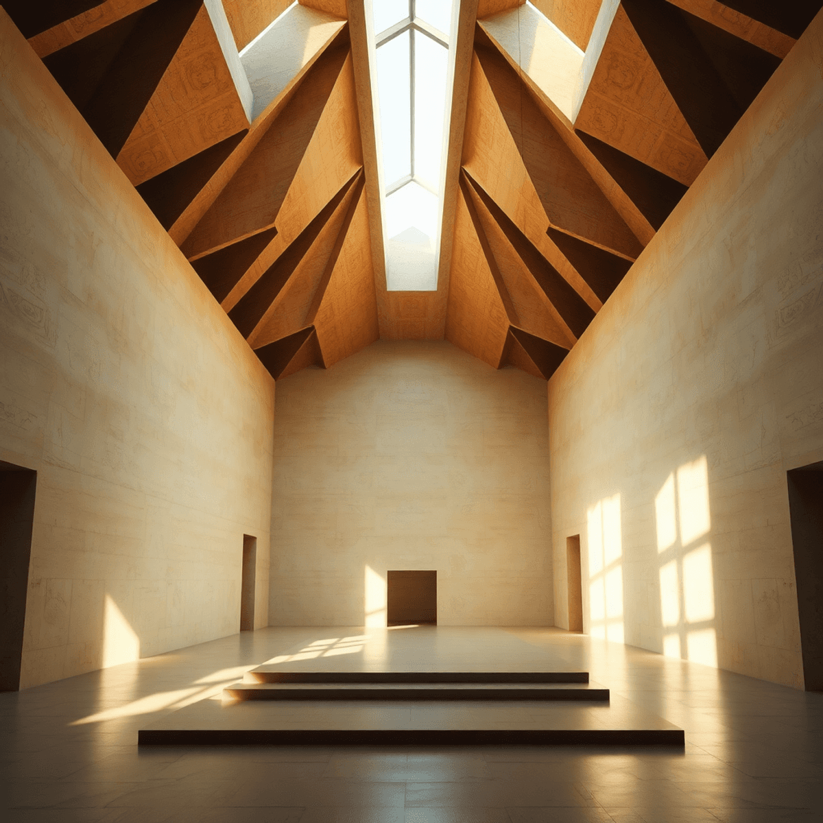 Sunlit minimalist space with geometric patterns casting intricate shadows, blending ancient sacred geometry and modern design in a serene, futuristic setting.