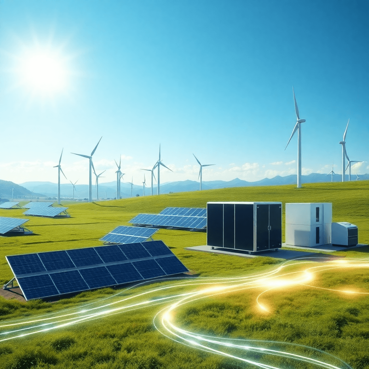 Futuristic landscape with solar panels, wind turbines, battery units, and glowing digital lines in green fi...