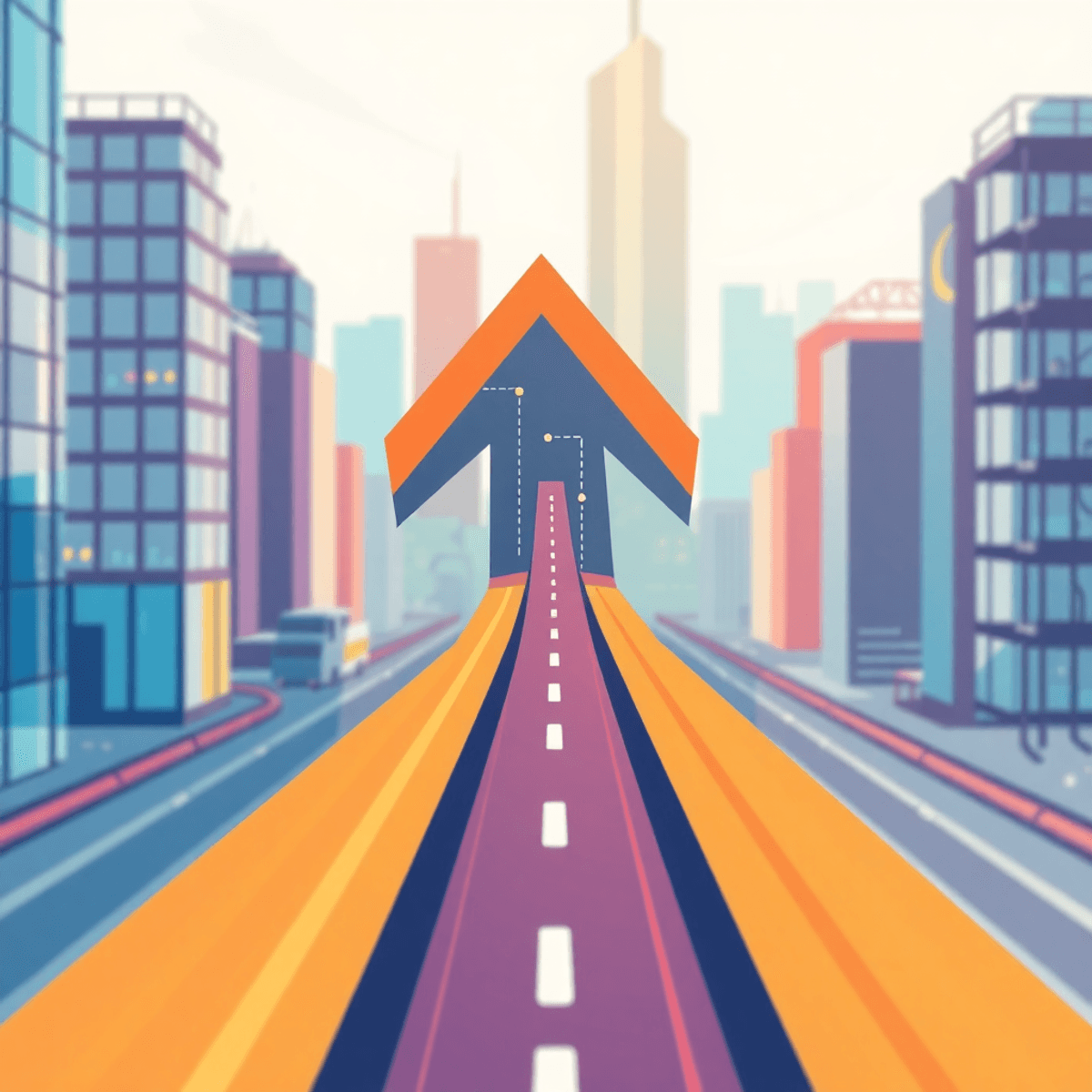 Abstract image of a stylized arrow moving forward through a modern cityscape with technology and manufactur...