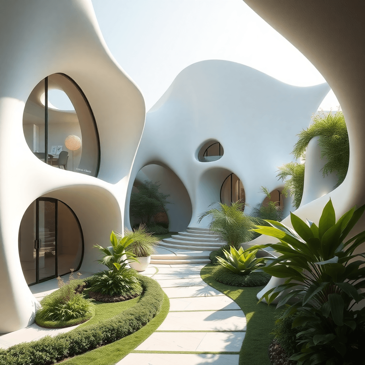 Elegant, flowing buildings inspired by plants blend seamlessly with lush greenery under soft natural light ...