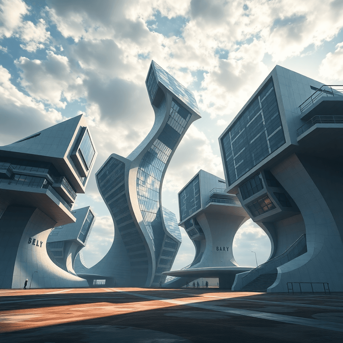 Futuristic buildings lean, twist, and float above ground under a dramatic sky with dynamic lighting casting...