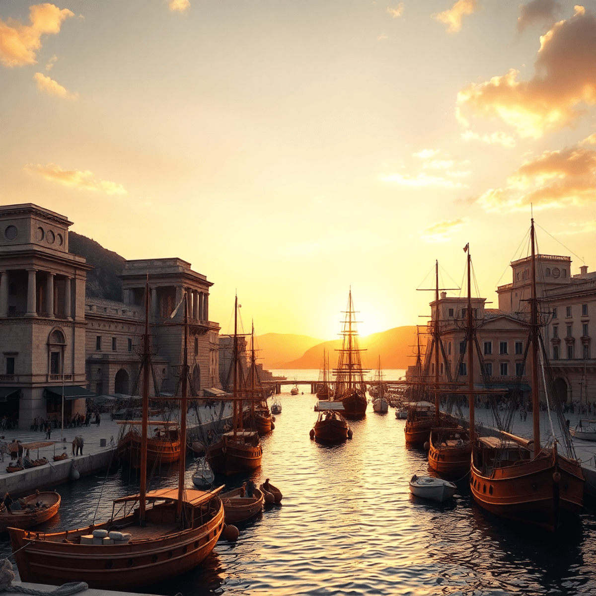 Sunset view of an ancient Mediterranean port with wooden ships, merchants trading pottery and textiles, cla...