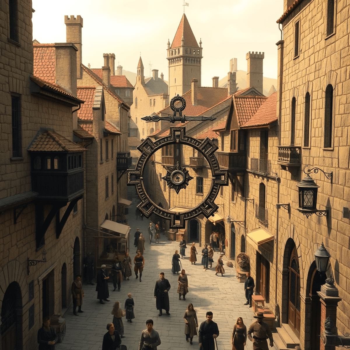 Medieval European cityscape with stone buildings, narrow streets, merchants and artisans in period clothing...