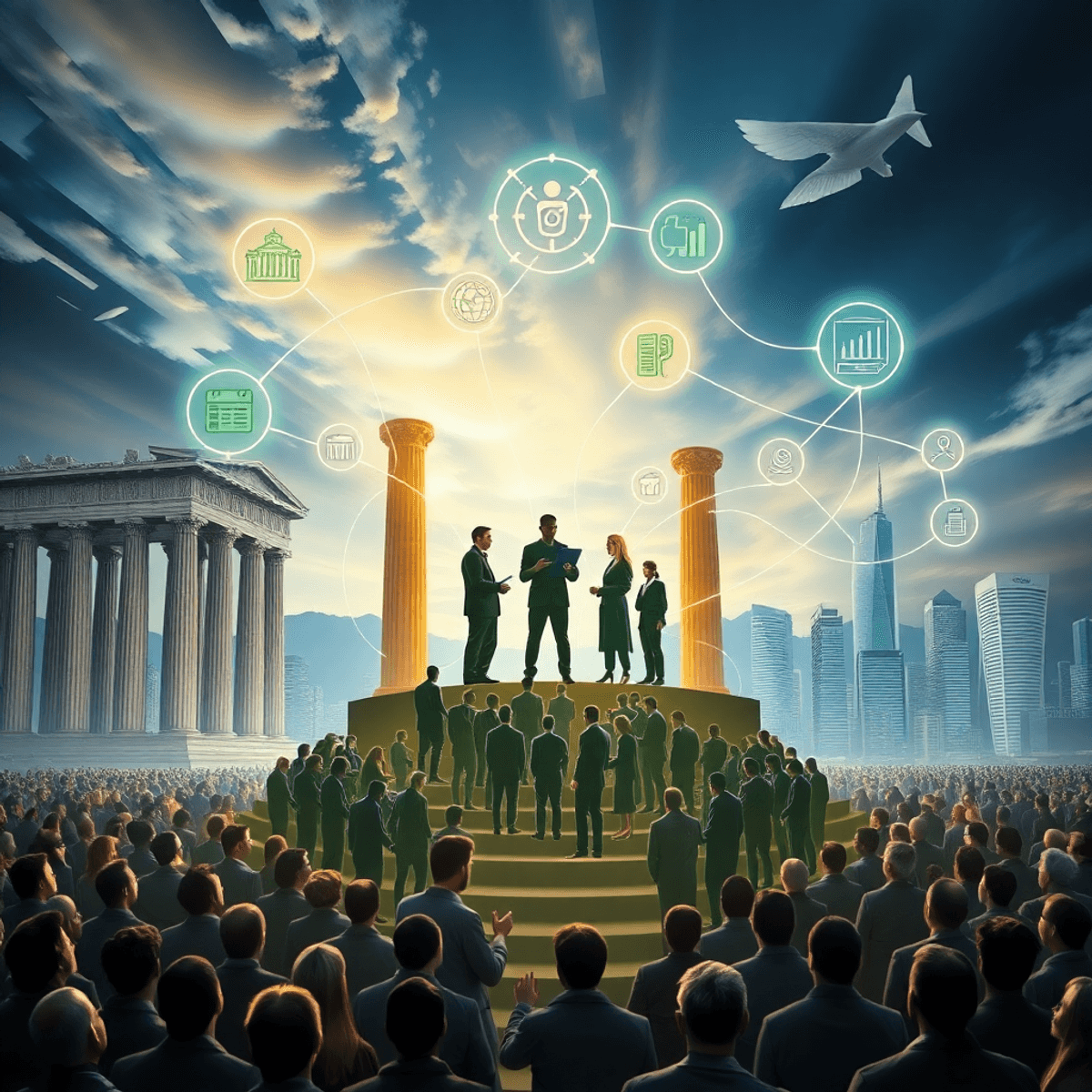 Small group on pedestal connected by glowing lines to icons of wealth, tech, governance; ancient columns blend into modern skyscrapers under dynamic sky.