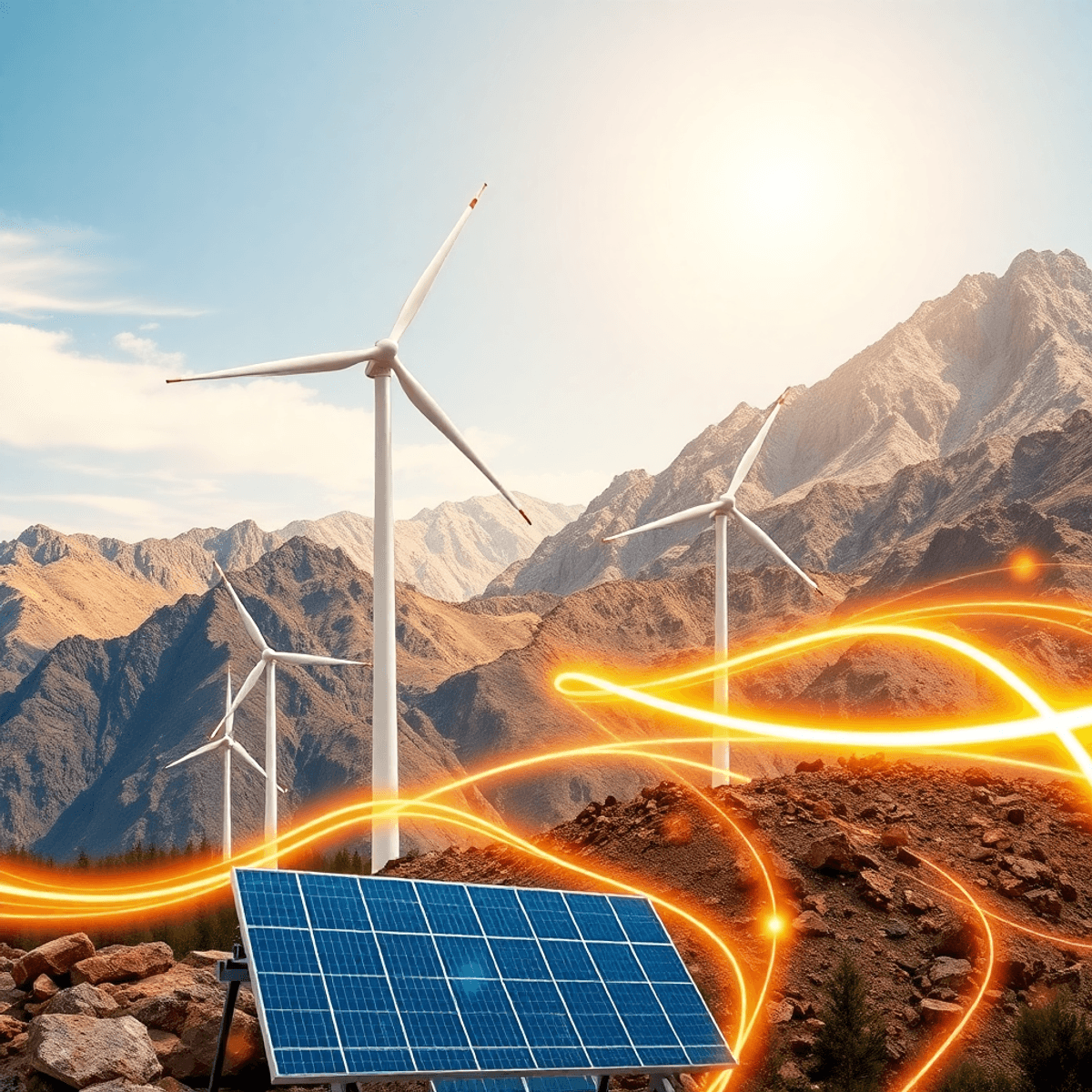 Collage of wind turbines, solar panels, mineral-rich mountains, and glowing abstract lines symbolizing inno...