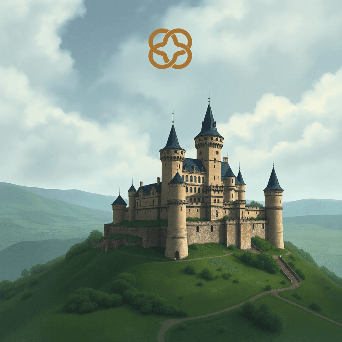 Photorealistic image of a medieval castle on a hill, surrounded by green estates, with abstract family cres...