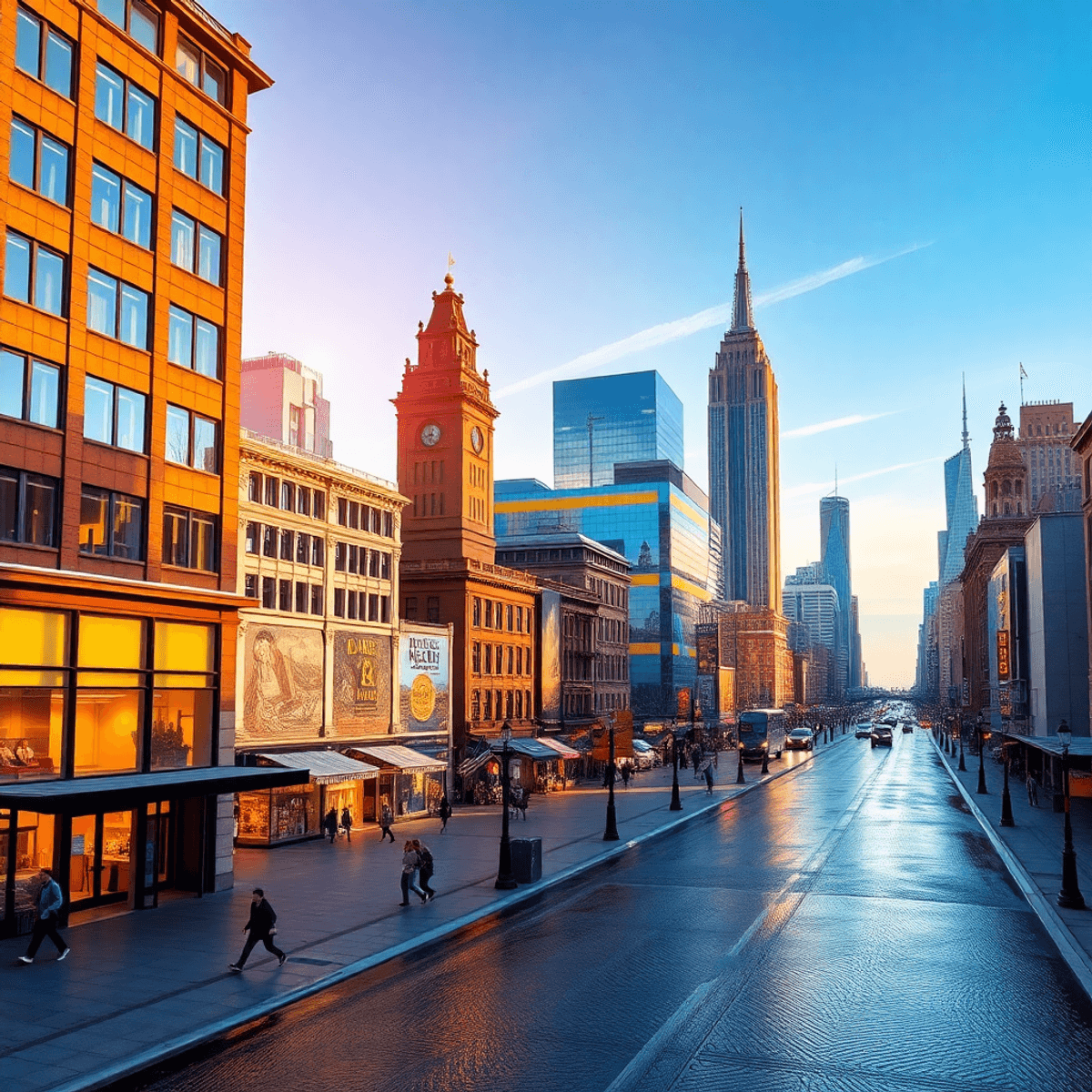 Sunlit cityscape showcasing iconic landmarks with colorful lights and reflections, blending modern and historic architecture in a vibrant, artistic scene.