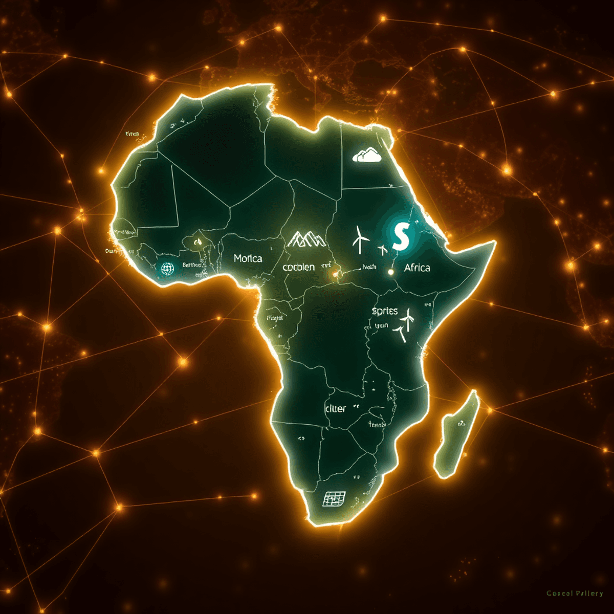 Glowing map of Africa with mineral icons and renewable energy symbols overlaid on global trade routes, show...