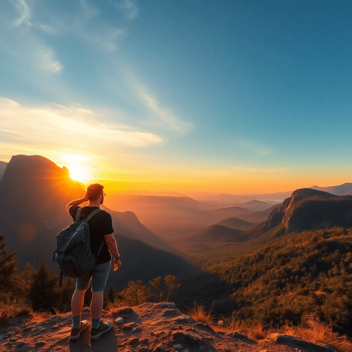 Backpacker standing on a scenic overlook, watching a vibrant sunset over mountains and forests, evoking adventure and connection with nature.