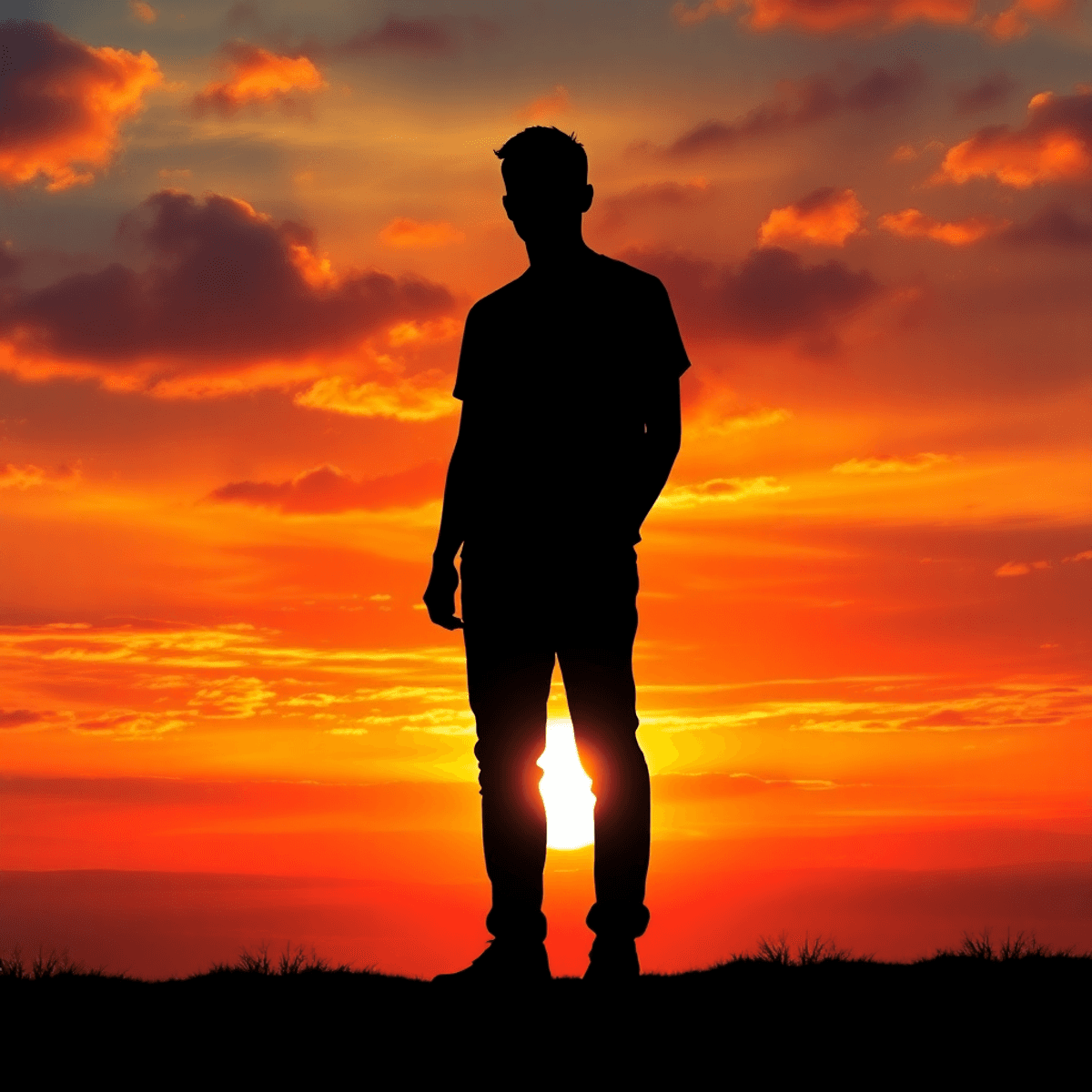 Silhouette of a person standing against a vibrant glowing sunset sky, with sharp contrast between dark figu...
