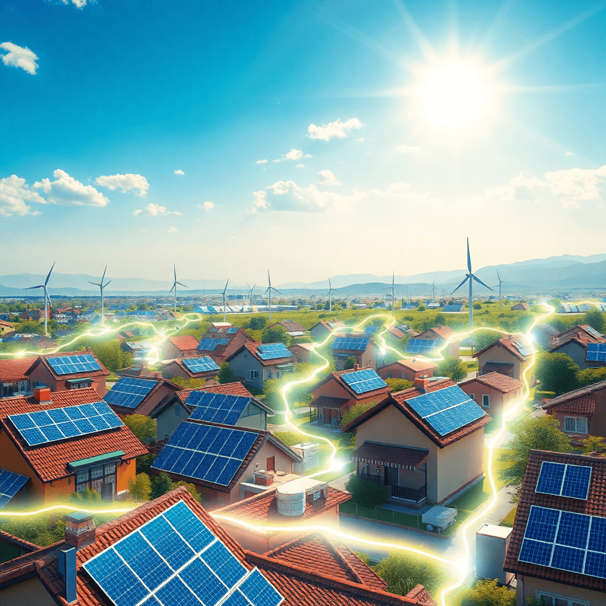 Futuristic community with solar panels, wind turbines, and battery units connected by glowing energy lines ...