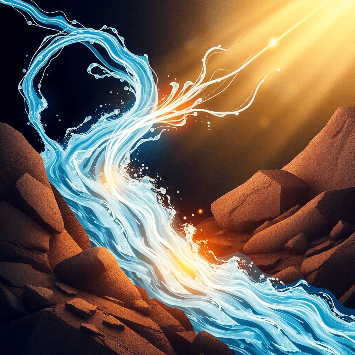 Illustration of flowing water streams merging with energy waves amid abstract minerals, symbolizing sustain...