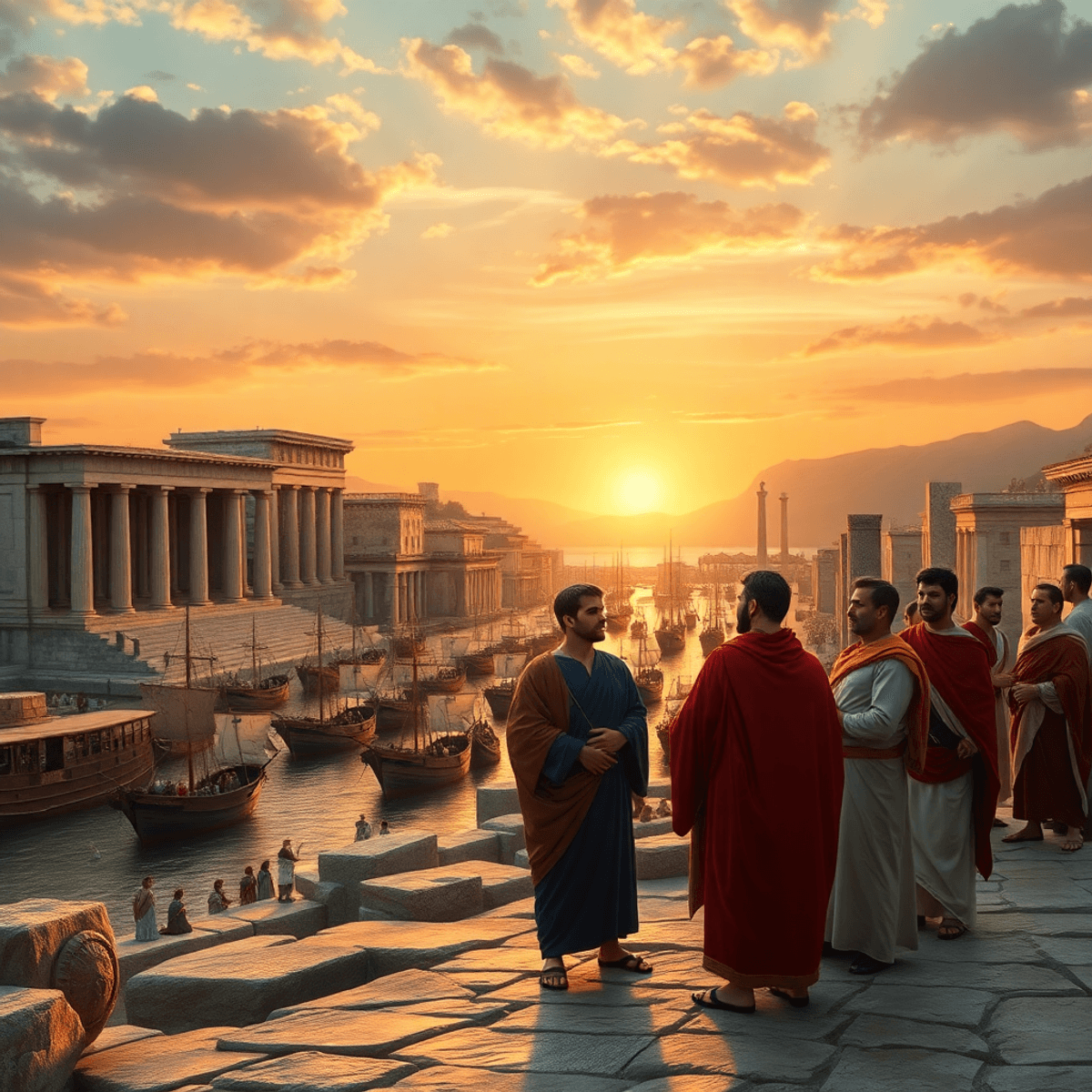 Sunset over an ancient Greek city with stone temples, columns, a busy harbor, and aristocratic men in robes...