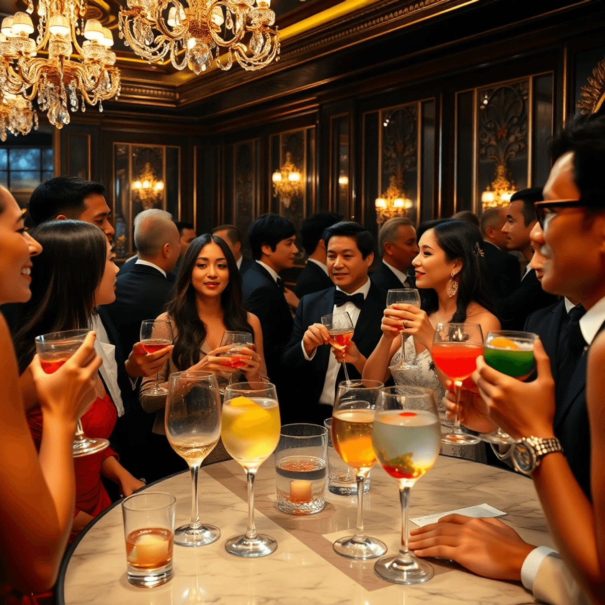 Elegant cocktail party in a dimly lit lounge with well-dressed guests, colorful cocktails, and golden light...