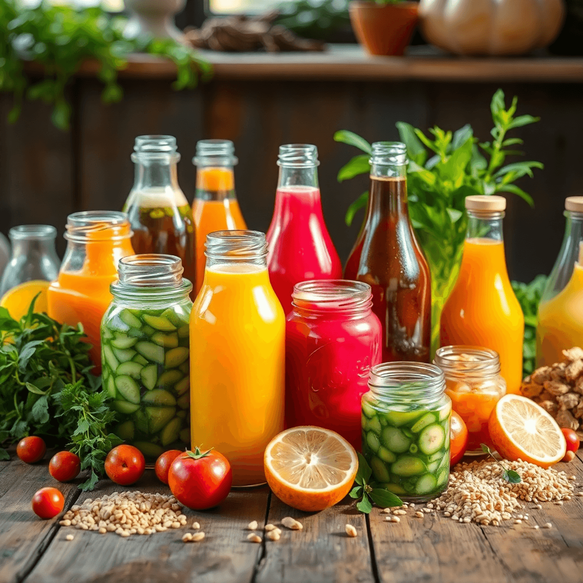 Close-up of colorful fermented drinks in glass jars and bottles with fresh herbs, fruits, and grains on a rustic wooden table in warm natural light.