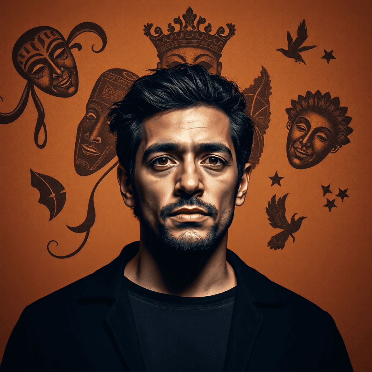 Portrait of a focused actor on stage with swirling theatrical masks, layered shadows, and cultural motifs a...