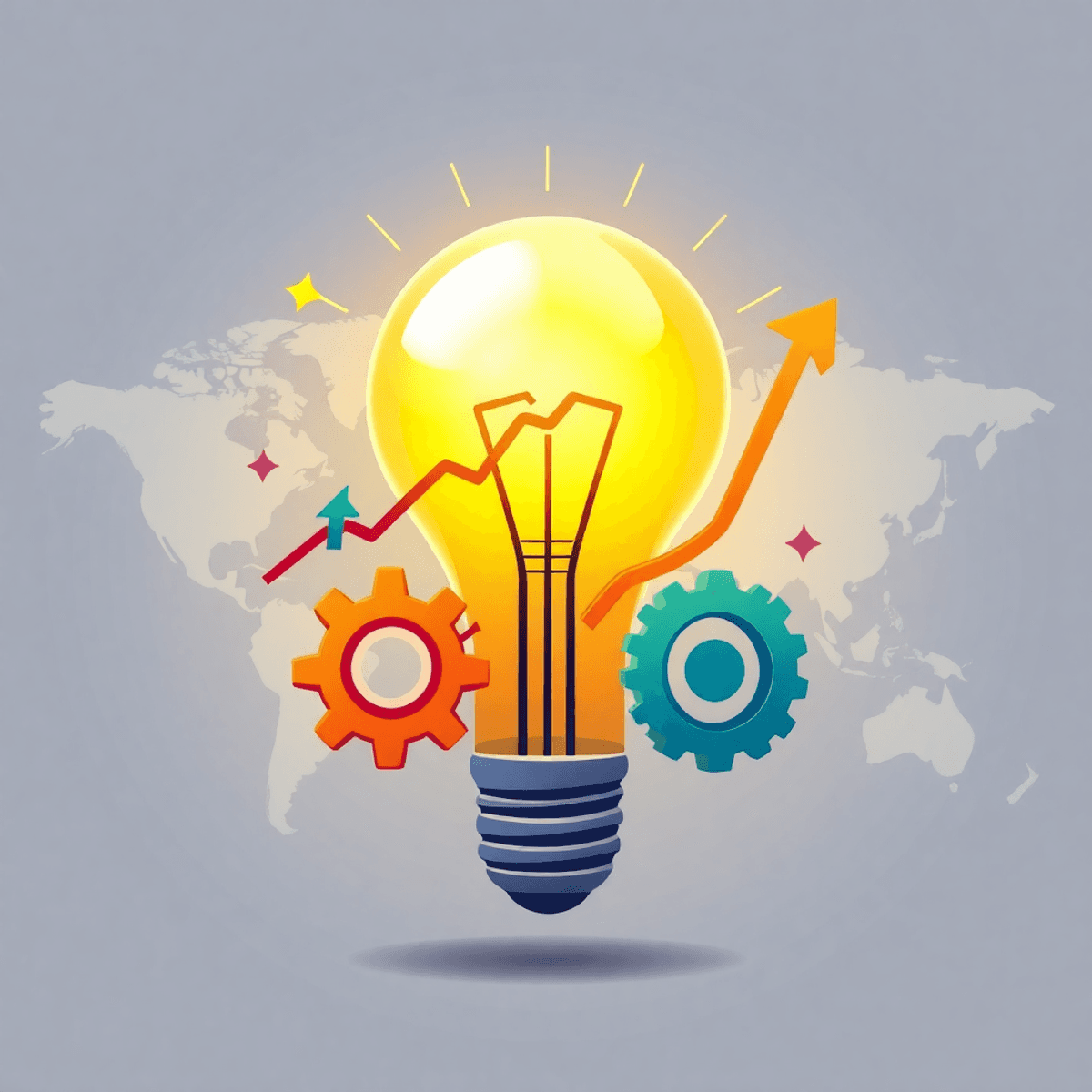 Glowing lightbulb intertwined with gears and ascending arrows over a world map, symbolizing entrepreneurshi...