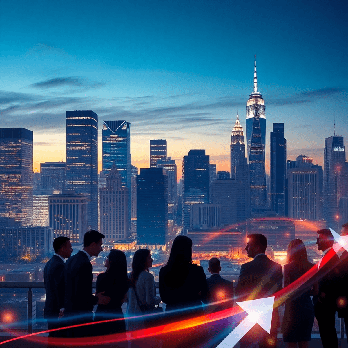 Cityscape at dusk with glowing skyscrapers and a diverse group of businesspeople networking, surrounded by ...