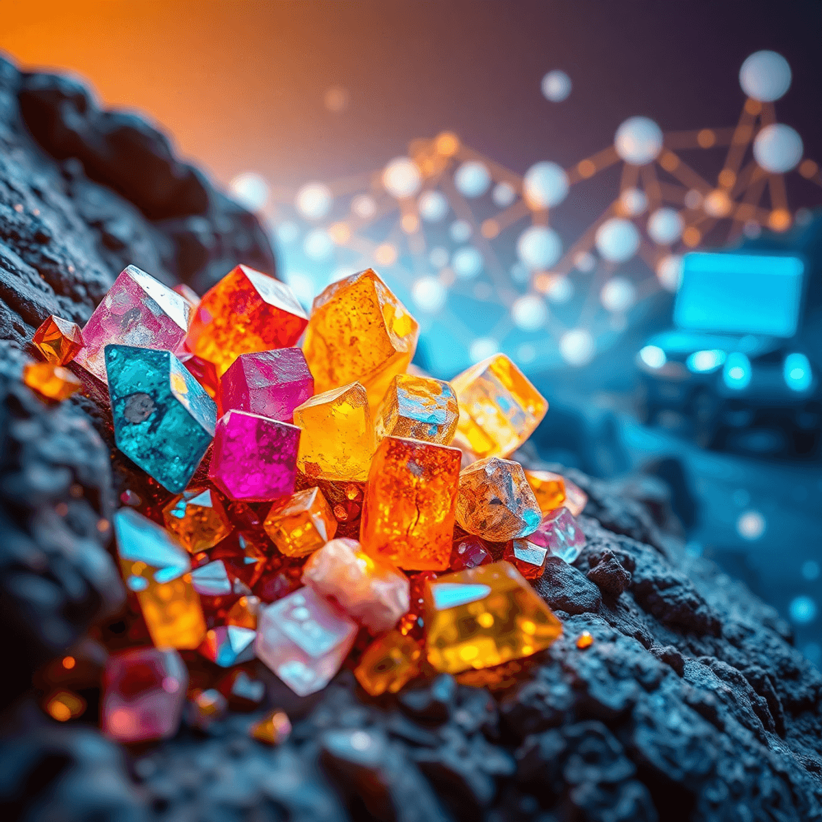 Close-up of colorful mineral crystals and glowing metals in rock, with softly lit abstract tech devices in the background symbolizing innovation.