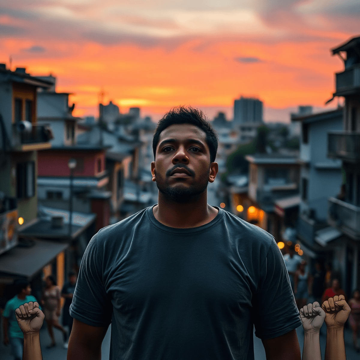 A confident man stands in a vibrant Brazilian urban neighborhood at dusk, surrounded by abstract film reels...