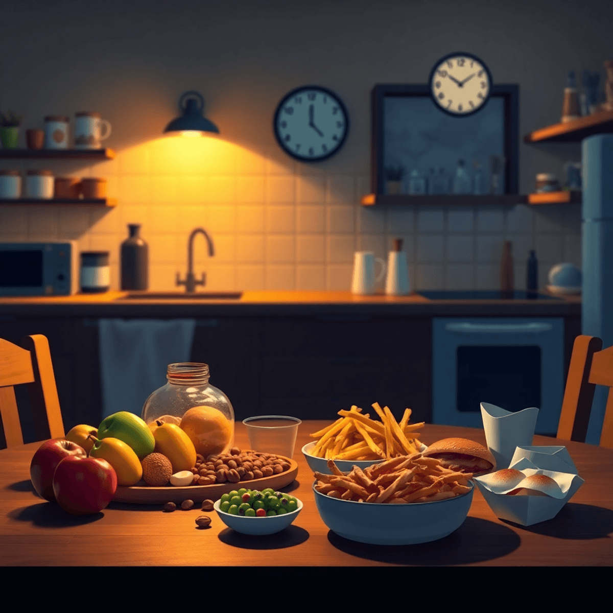 Cozy nighttime kitchen with a dimly lit table showing healthy snacks on one side and greasy fast food on the other, warm colors and a subtle clock silhouette in the background.