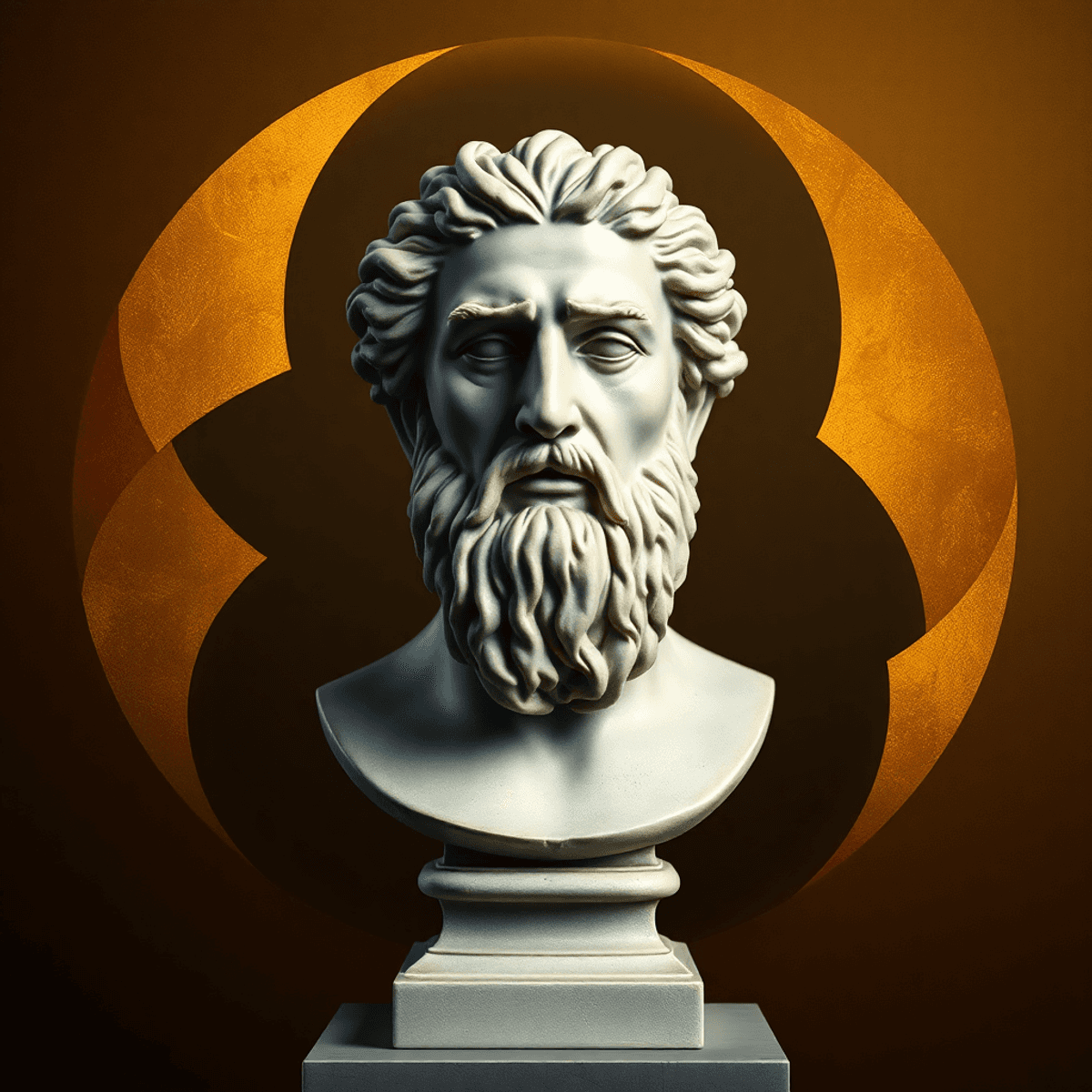Marble bust of an ancient philosopher against glowing golden shapes and parchment textures, symbolizing wea...