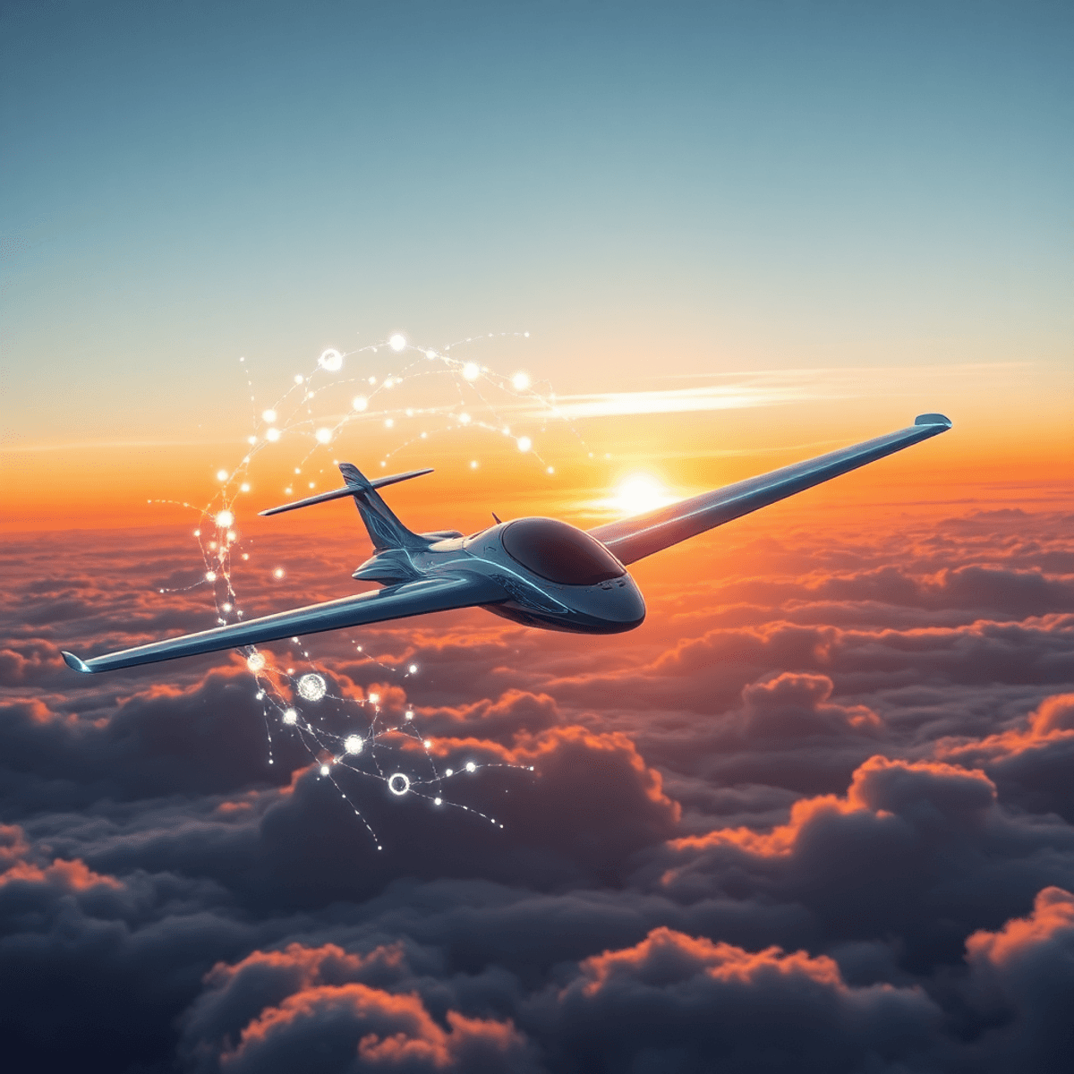 Futuristic electric aircraft flying above clouds at sunrise with glowing metallic elements and electric cur...