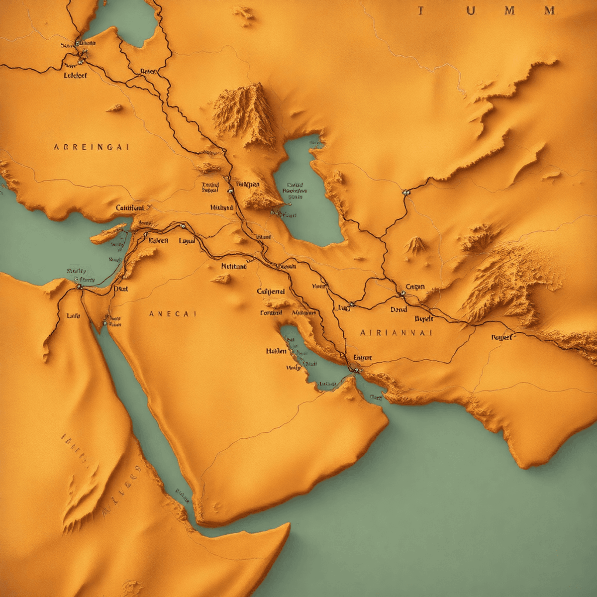 Illustrated map of ancient trade routes crossing deserts, mountains, and rivers with overlayed modern netwo...