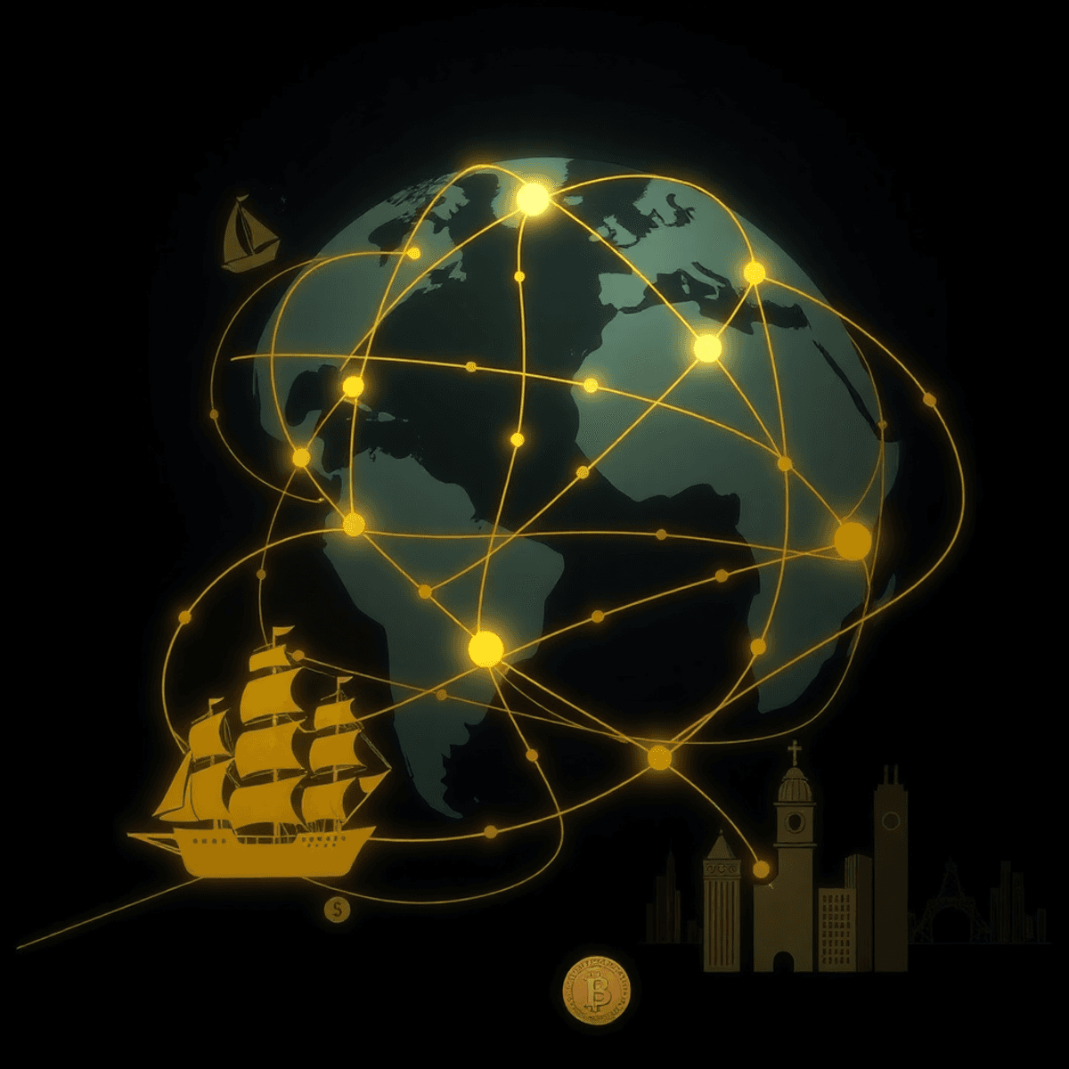 Elegant illustration of golden threads weaving through a globe with historic ships, Renaissance symbols, sk...