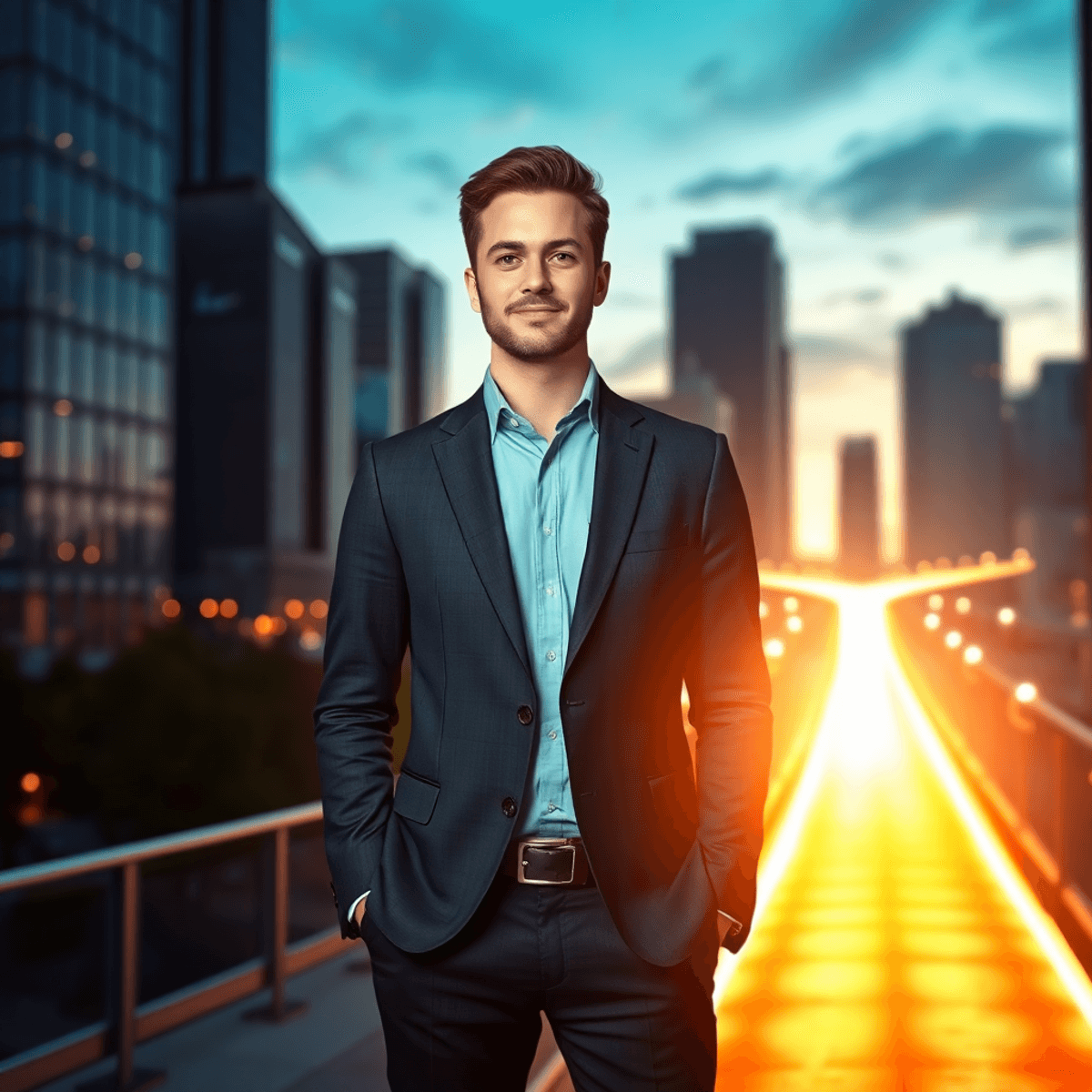 Professional standing at a city crossroads at sunrise with glowing pathways and digital patterns, symbolizi...