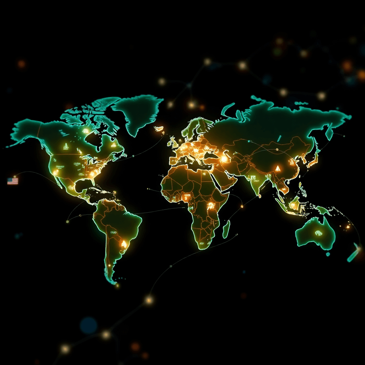 Photograph-style world map with glowing mineral icons, renewable energy symbols, illuminated supply chain p...