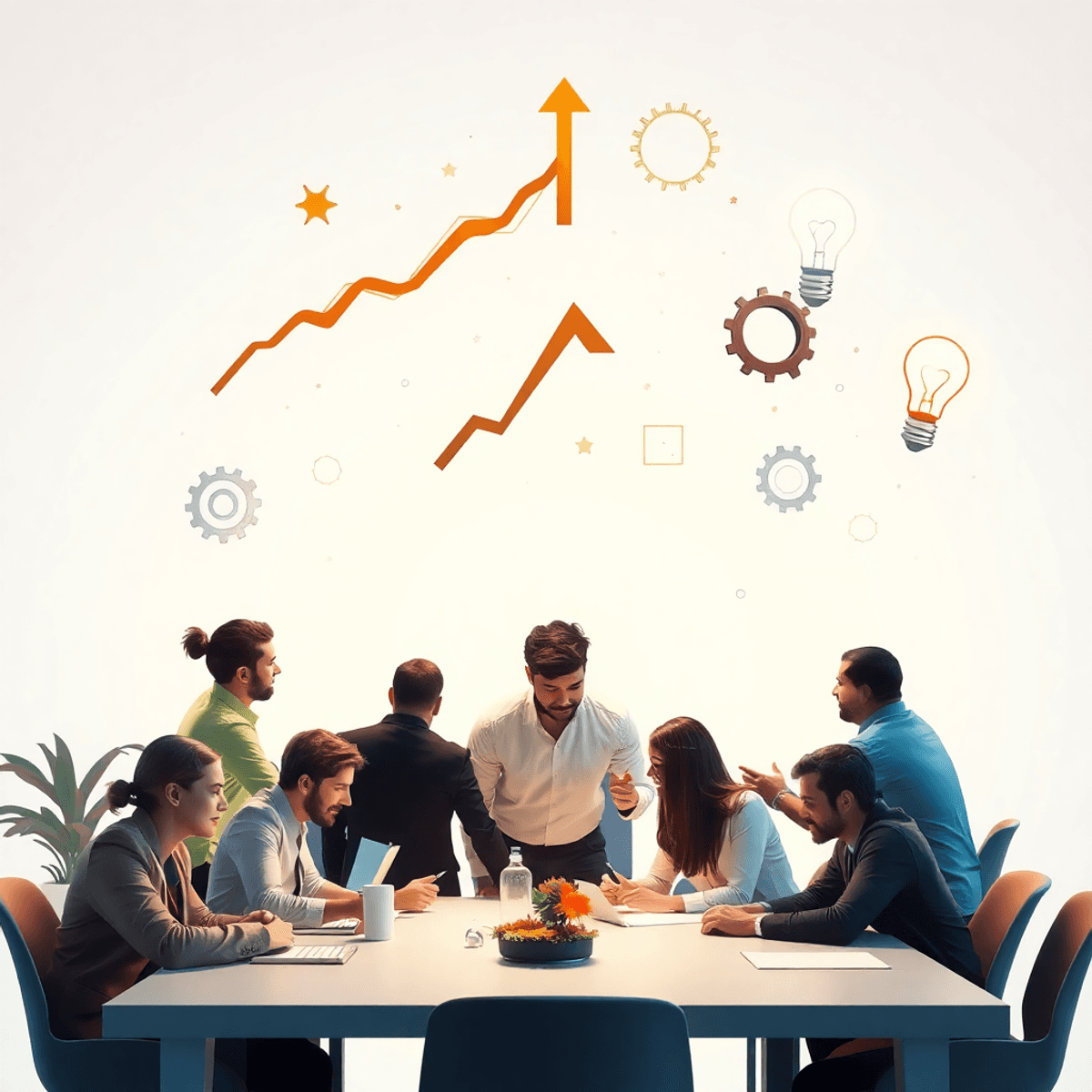 A group collaborating around a table with floating symbols of growth and success against a bright, energeti...